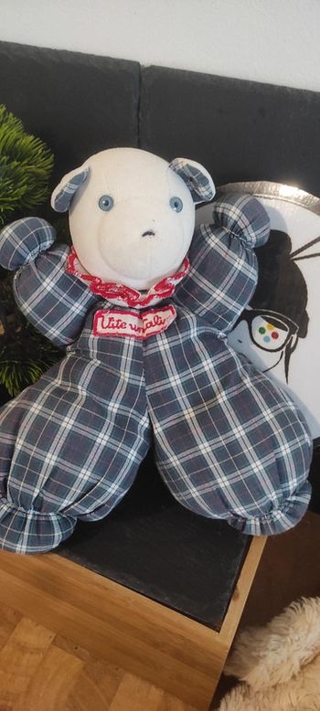 doudou pelcuhe ours moylin roty vintage ancien carreaux vite calin rouge bleu collerette blanc