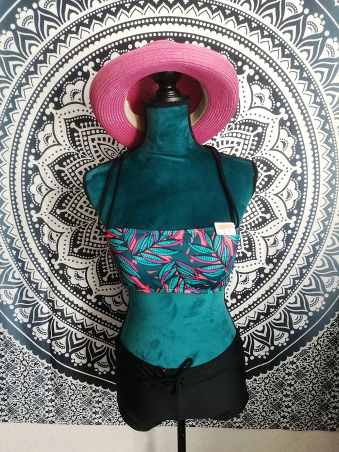 Haut de maillot de bain vert foncé motifs tropicaux / domyos / (95C) - photo numéro 2