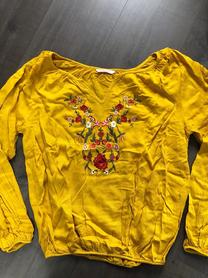 Blouse bohème camaïeu taille 36 jaune moutarde brodée