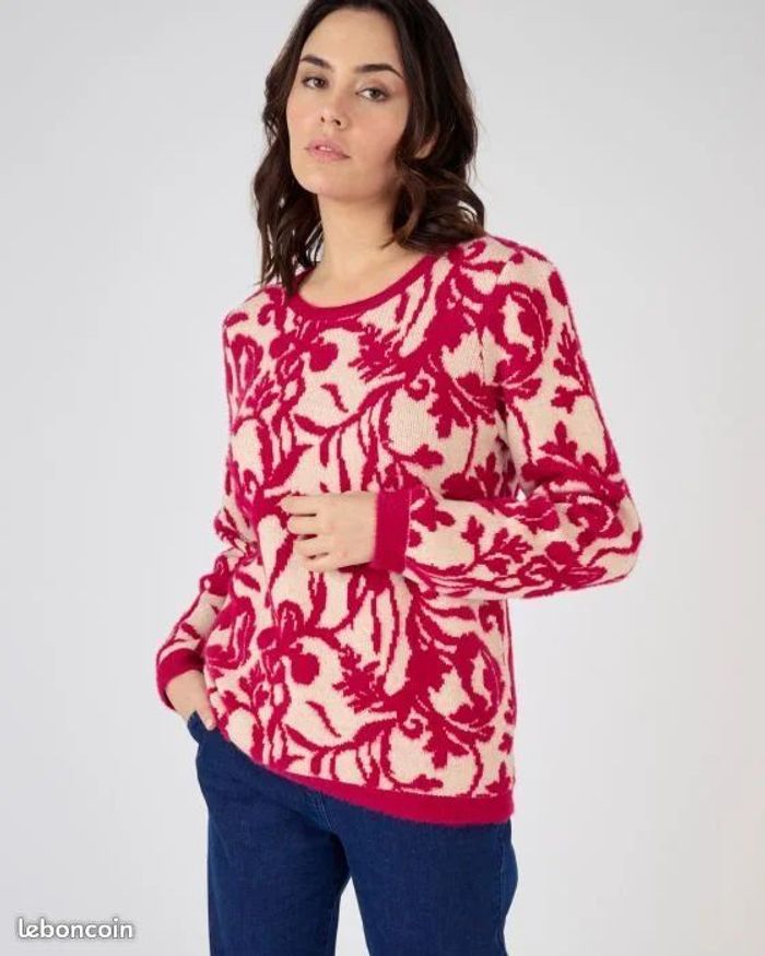Pull jacquard et fil poilu - couleur rose jacquard - taille 46/48- Damart