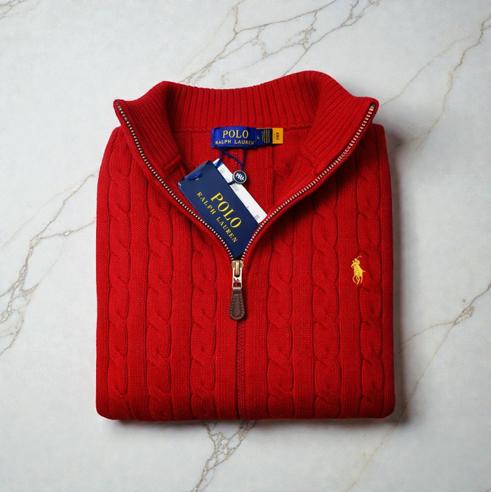 Pull torsadé Half Zip Ralph Lauren - Taille L - Rouge logo brodé jaune - Neuf