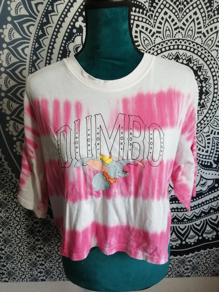 Tee-shirt crop top blanc et rose tye and die impression dumbo / don't call me jennyfer / (L-XL) - photo numéro 2