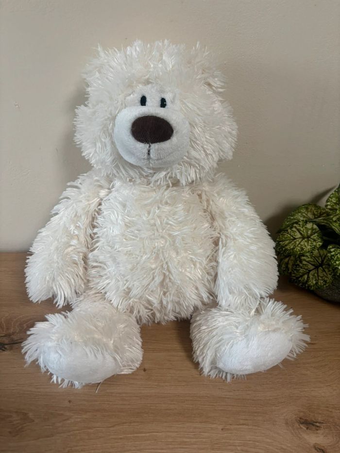 Doudou peluche ours blanc nez marron gund 40 cm