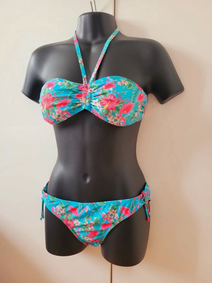Maillot de bain 2 pièces Freegun taille XS 34 motifs flamants roses fleurs réglable renforts - photo numéro 3