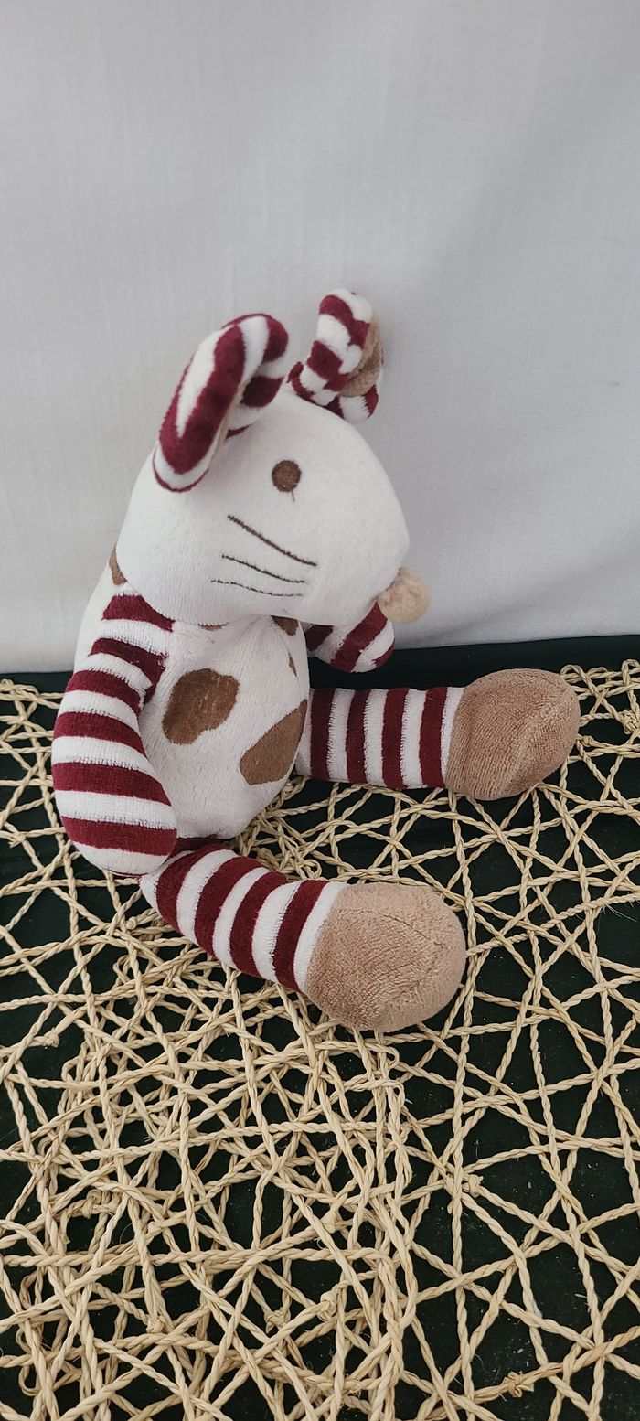 Doudou souris blanche taches marron rayé bordeaux DOUDI - photo numéro 6