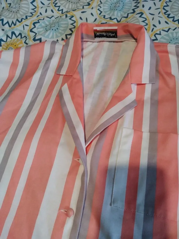 Robe rayée rayures printemps été corail gris vintage bouton - photo numéro 3
