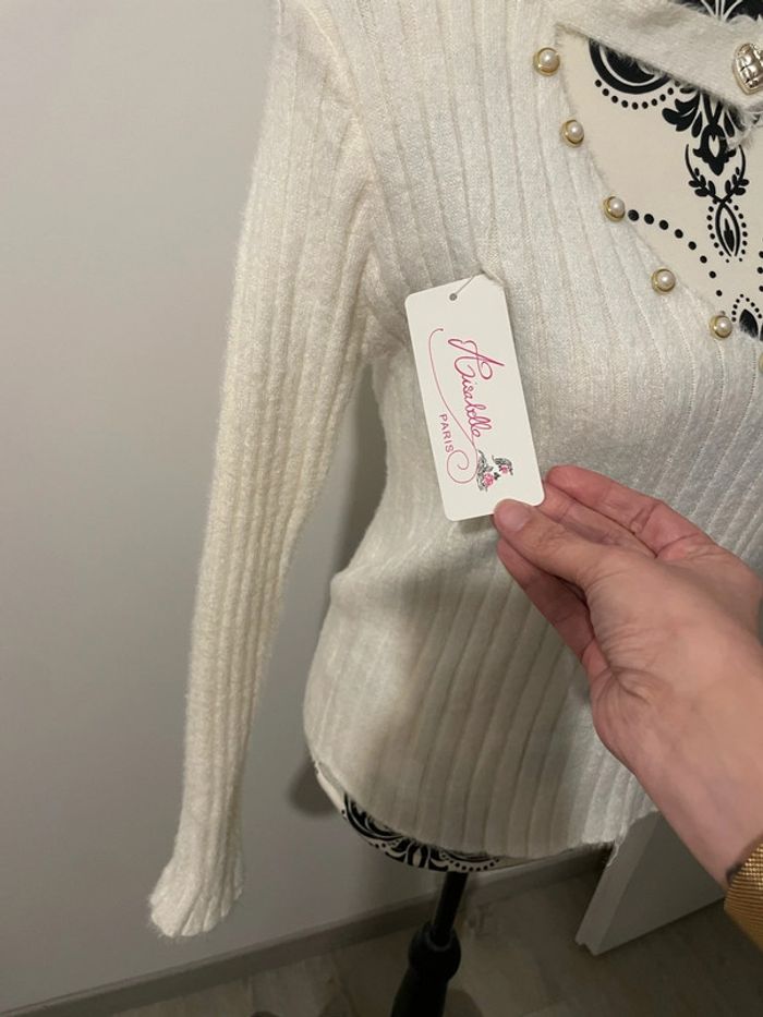 Pull manche longue tout doux blanc perle strass col V cœur neuf Aisabelle taille 36 - photo numéro 5