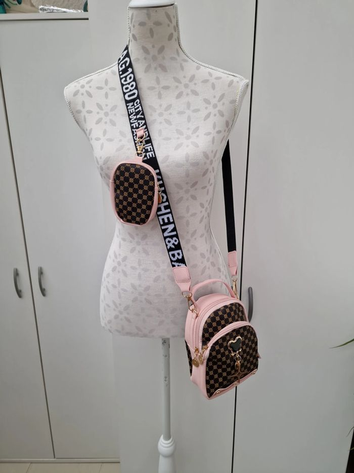 Sac Bandoulière Rose Marron Avec Bijou Sac Et Porte Monnaie - photo numéro 2