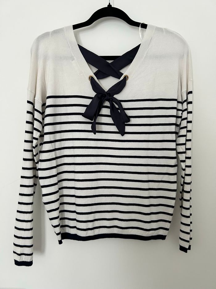 Pull léger maille fine manches longues marinière noeud dans le dos Cache Cache M - photo numéro 6