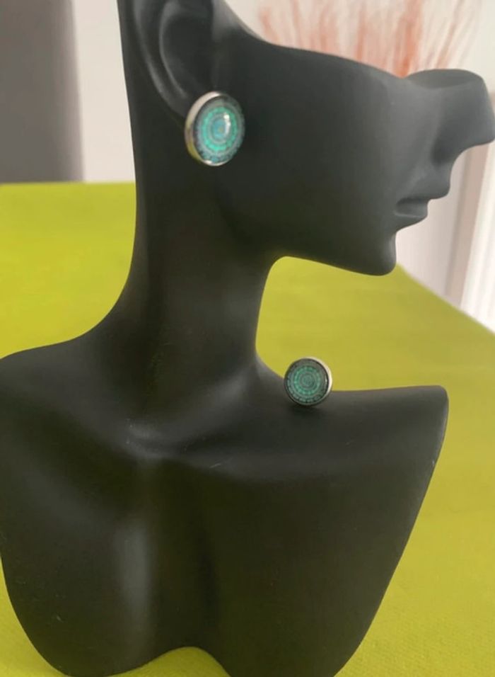 Boucles d’oreilles rondes mandala bleu turquoise en acier inoxydable argenté - photo numéro 2