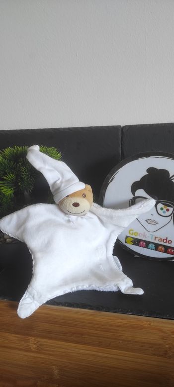 Doudou ours kaloo plat blanc bonnet marron beige tige étoile Ancien Noeud