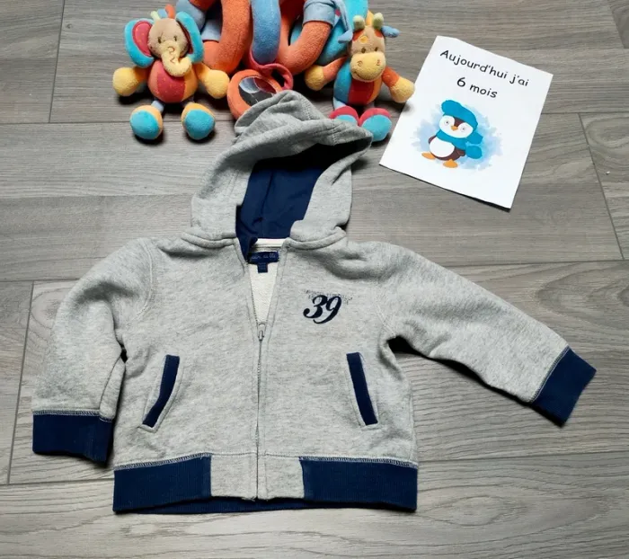 Gilet à capuche zippé gris et marine garçon 6 mois Grain de blé
