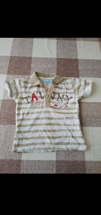 Polo 18 mois rayé blanc/taupe manches courtes Gémo