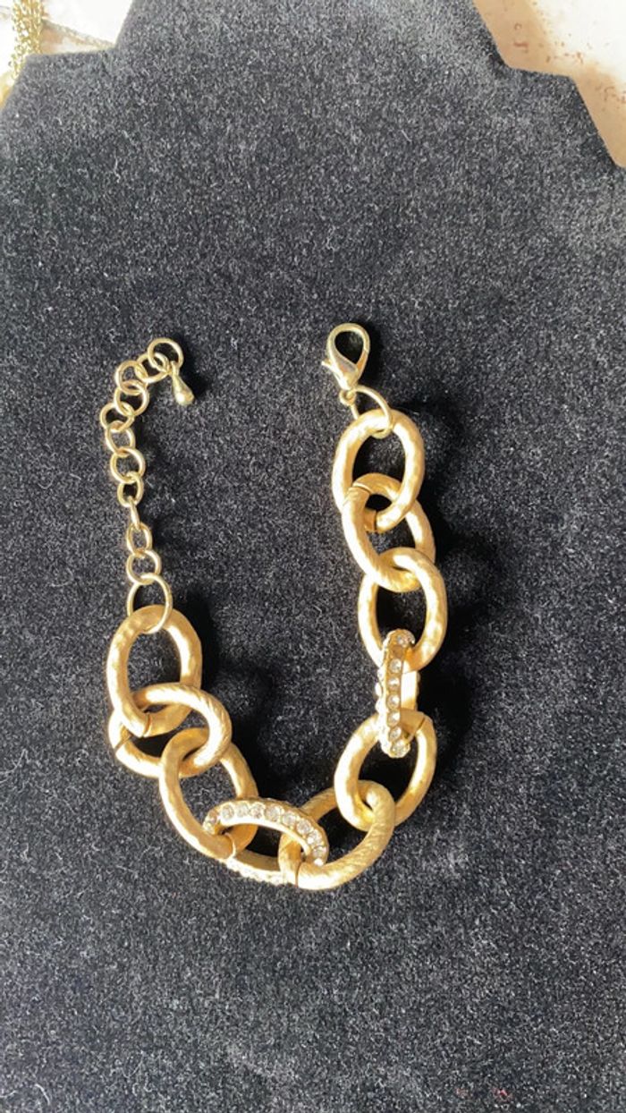Parure collier et bracelet fantaisie chaîne dorée et strass - photo numéro 2