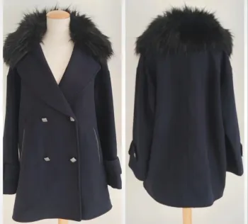 Magnifique veste chaude bleu marine en laine avec col fausse fourrure amovible Salsa taille 40