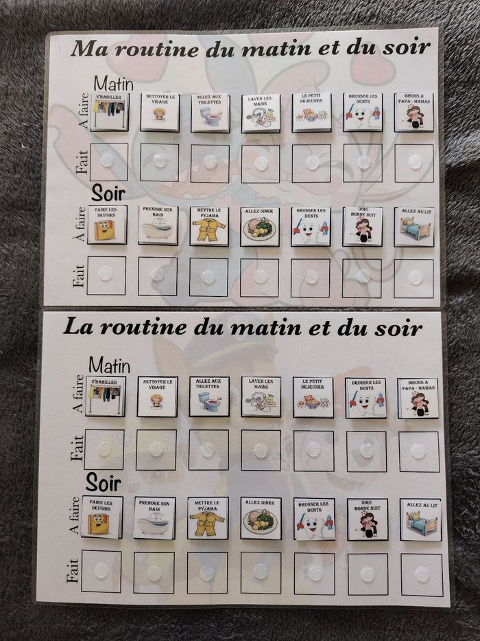2 fiches plastifiées routine du matin et du soir