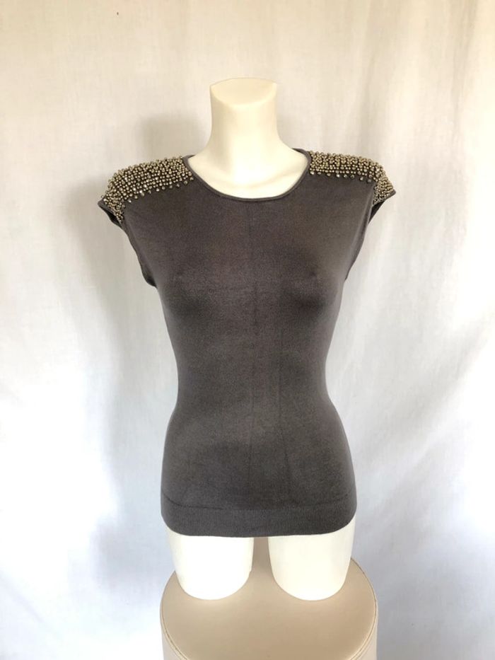 Top sans manches gris marron avec incrustations métalliques Zara taille 38 très bon état