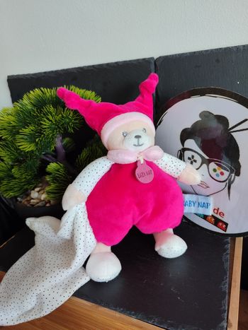 doudou baby nat' brioche rose fushia mouchoir blanc pois point noir beige bonnet bn0733