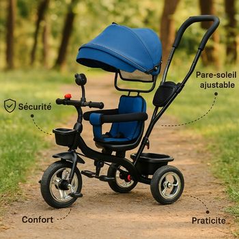 Poussette évolutive 3 en 1 avec canne directionnelle – bleu/noir