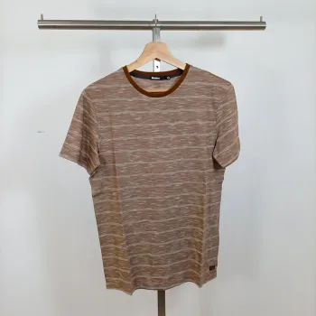 T-shirt Bizzbee rayé marron et beige col contrasté – neuf – taille M A1012