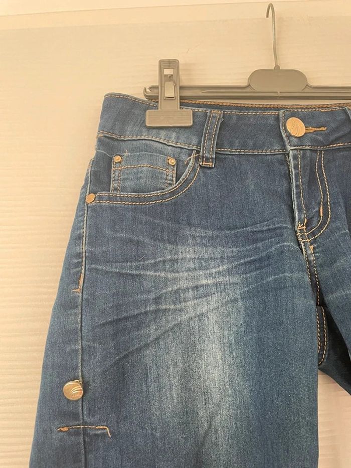 Pantacourt bermuda short long en simili jean bleu foncé avec poches - photo numéro 2