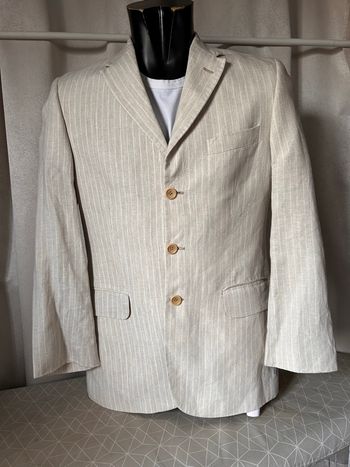 Jolie veste costume lin beige rayé 46 Armand Thiery