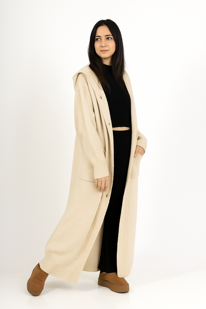 Cardigan Long-Gilet ivoire en Grosse Maille avec Capuche et Poches - photo numéro 3