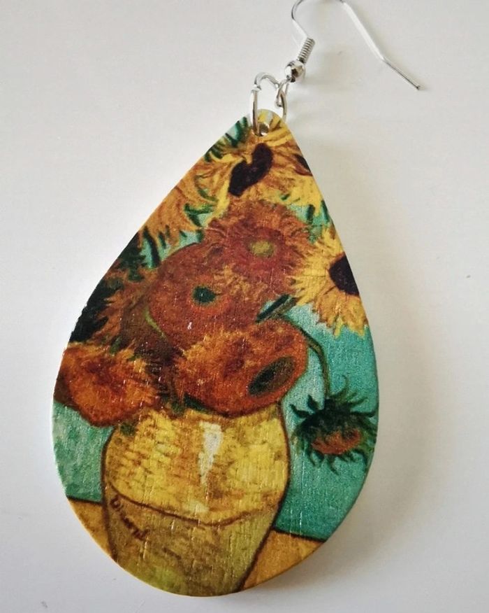 F54 paire de boucles d'oreilles pendantes bois naturel Vangogh - photo numéro 3