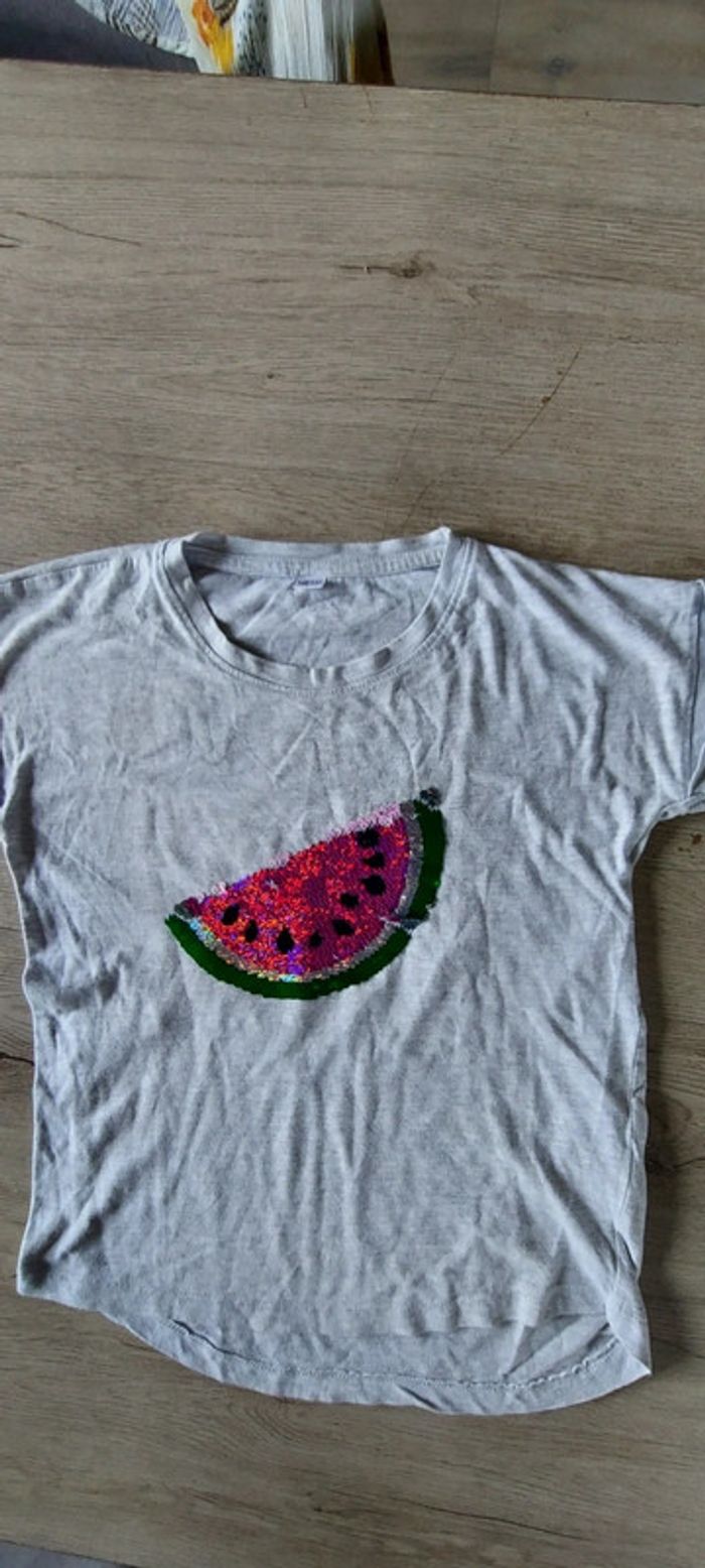 T shirt gris, manches courtes, avec dessin en sequin, 146/153 - photo numéro 4