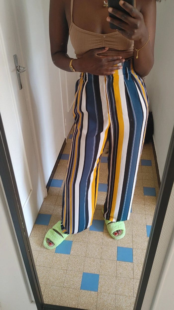 Pantalon rayé jambes large taille haute - photo numéro 3