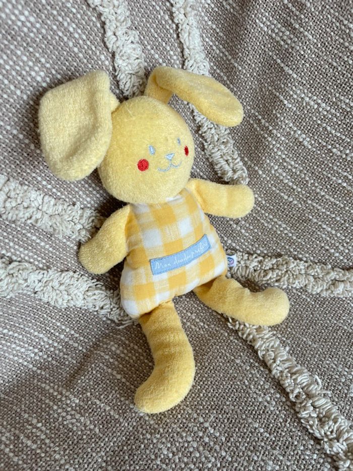 Peluche doudou 22cm oxybul lapin jaune à carreaux très bon état - photo numéro 3