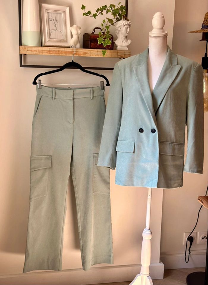Ensemble blazer + pantalon vert d’eau effet velours Zara taille S Neuf - photo numéro 2