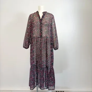 Robe longue transparente à volant, bohème, motif liberty noir rouge bleu A454