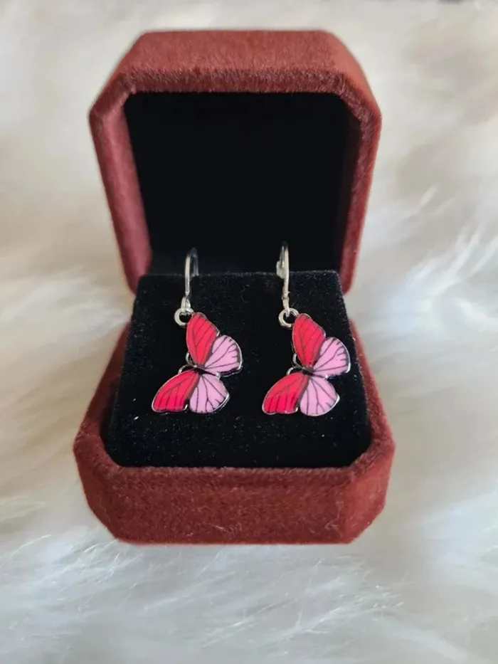 💎Boucles d’Oreilles Créoles Papillons Roses 💎