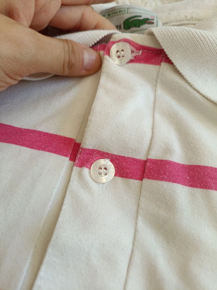 Polo Lacoste vintage blanc à rayures roses - Made in France - unisexe - photo numéro 4