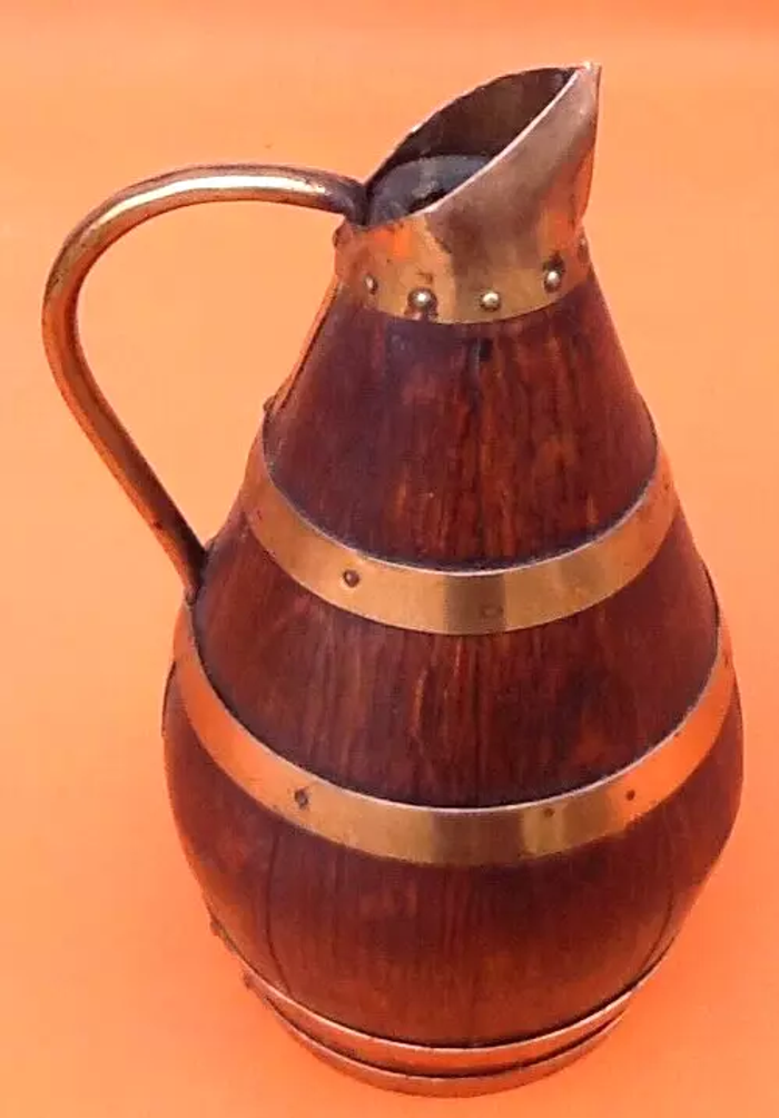 Années 1940 Pichet " tonneau " à cidre Bois de chêne cerclé de cuivre riveté - photo numéro 6