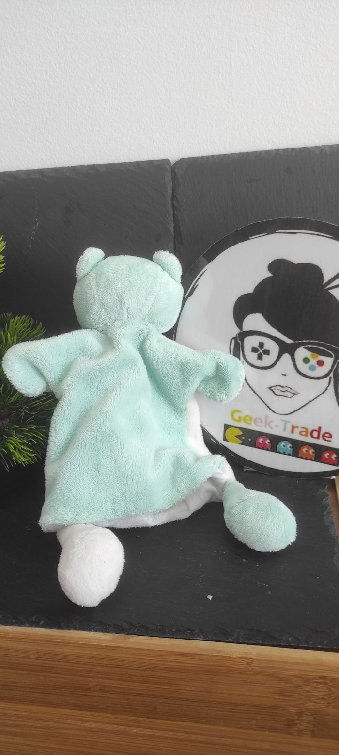 Doudou Marionnette ours blanc bleu Clarins vert publicitaire Ancien Vintage - photo numéro 2