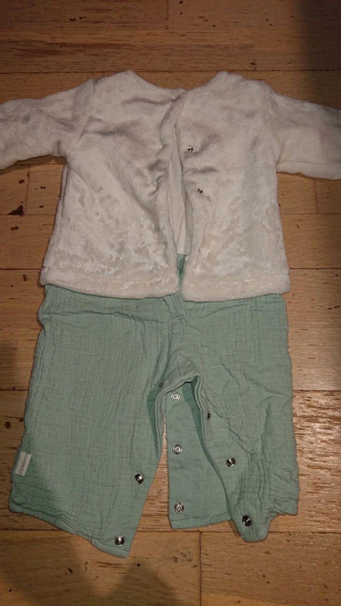 Pyjama 1 piece mi tout doux mi gaze de coton blanc et vert d'eau - photo numéro 2