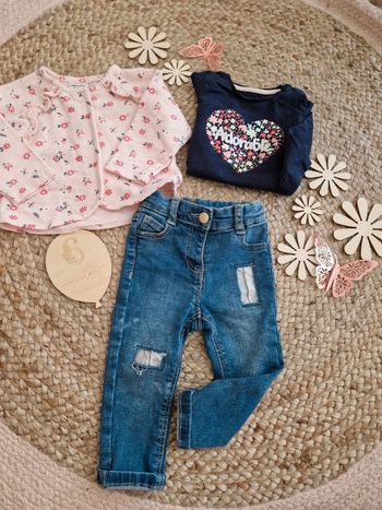 Ensemble t-shirt gilet fleurie rose et jean TAO bebe fille 6 mois