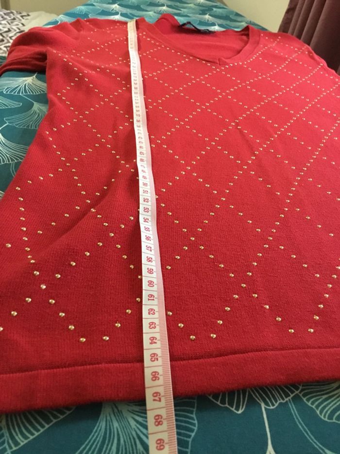 Pull col en v pour femme jacquard Tommy Hilfiger rouge taille M 085 - photo numéro 8