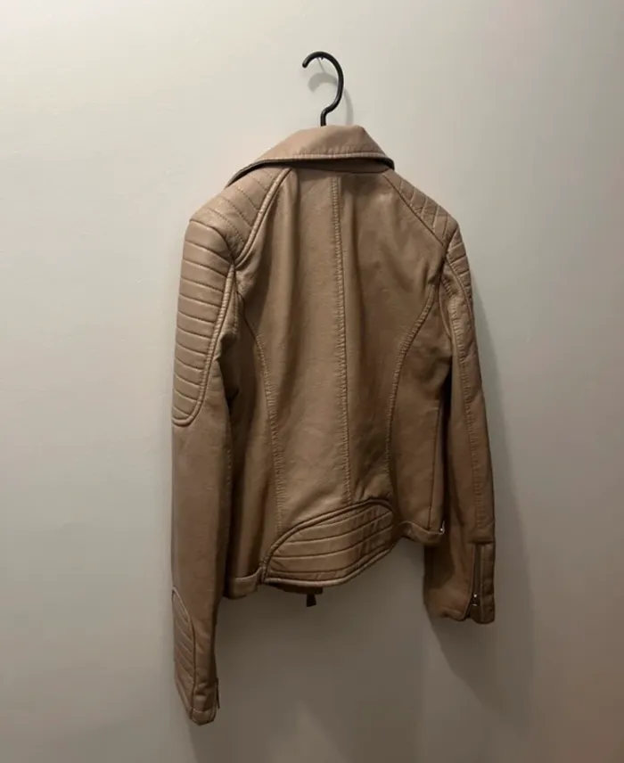 Perfecto simili cuir beige femme biker chic rock automne mi-saison blouson veste zippée motarde T38 - photo numéro 2