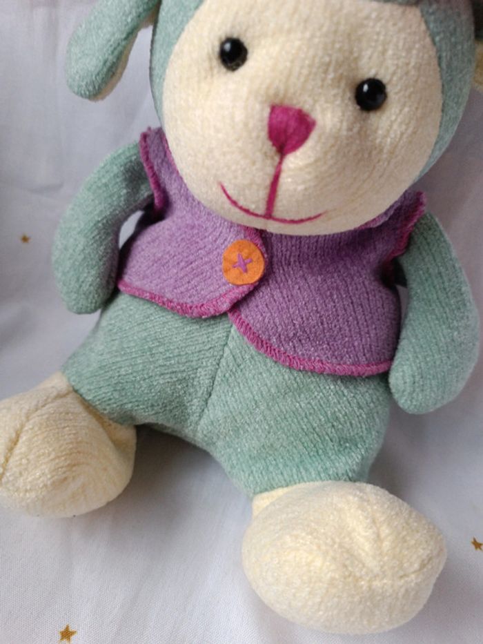 Peluche plush Teddy doudou sample bille bonnet chapeau cap gilet vert green mouton animal sheep - photo numéro 3