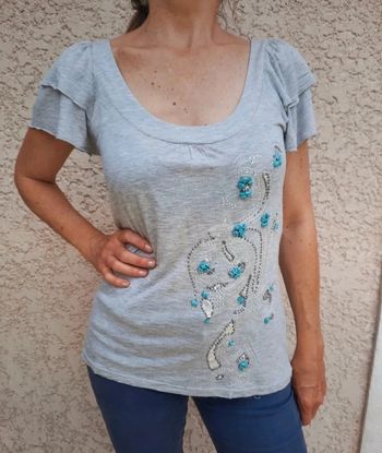 Haut gris perles et turquoise Morgan T 36