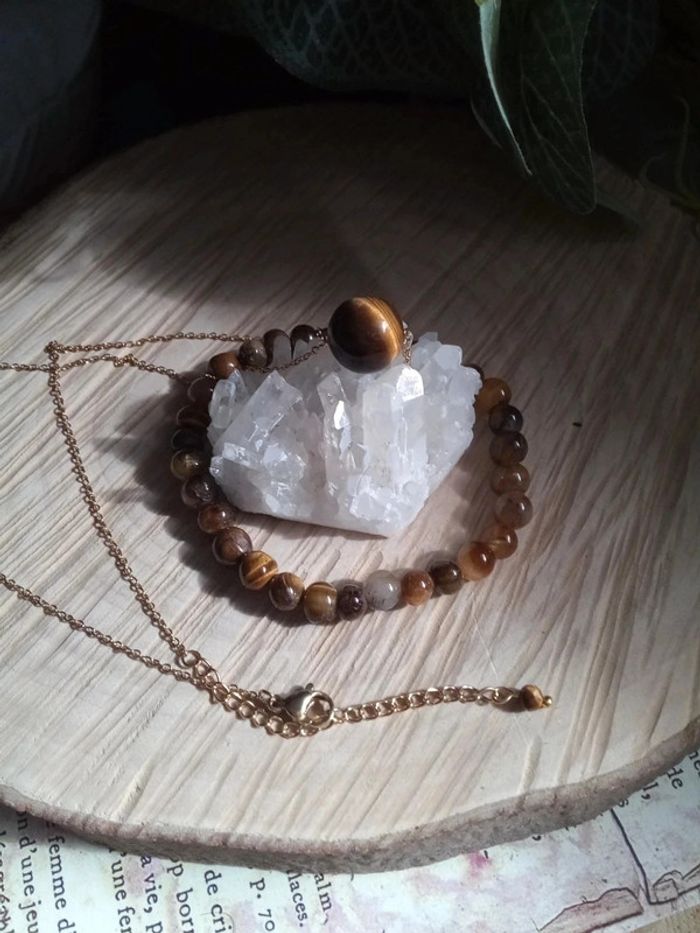 Parure collier + bracelet oeil de tigre naturelle - photo numéro 2