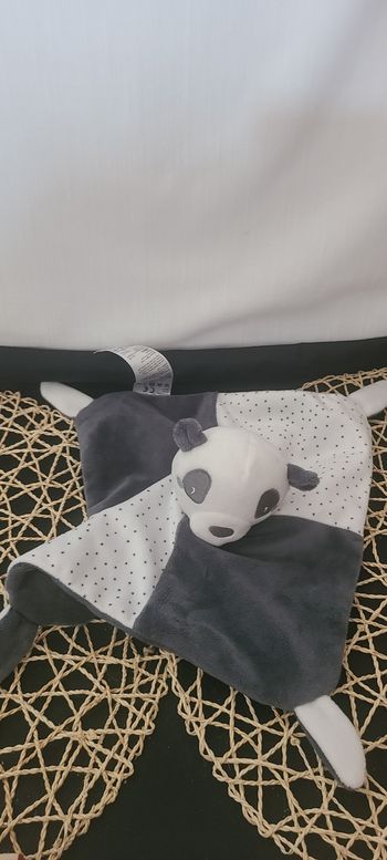 Doudou Plat/Mouchoir Carré Tête De Panda Blanc Gris Foncé Pois - Gémo