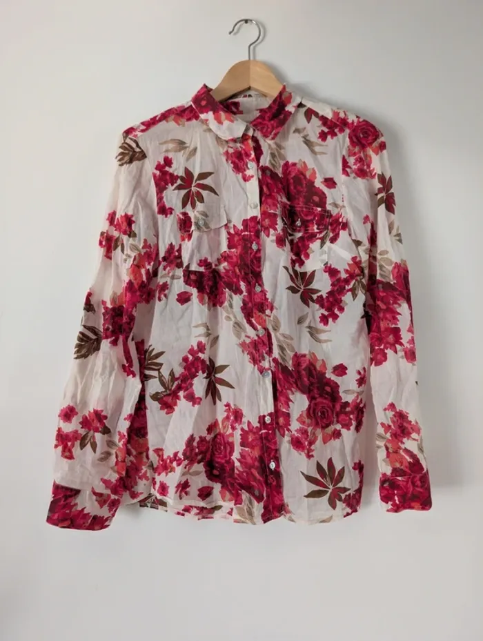 Chemise légère en coton blanche à fleurs roses Jacqueline Riu Taille 38 - photo numéro 6