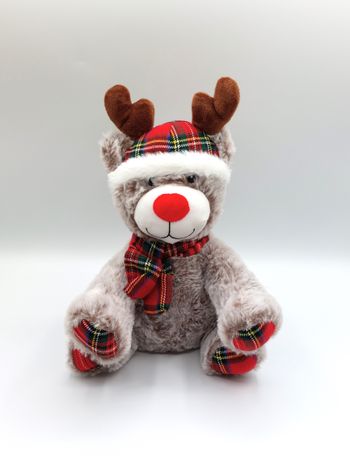 Peluche doudou renne marron chiné beige BLEU BONHEUR nez rouge bonnet carreaux