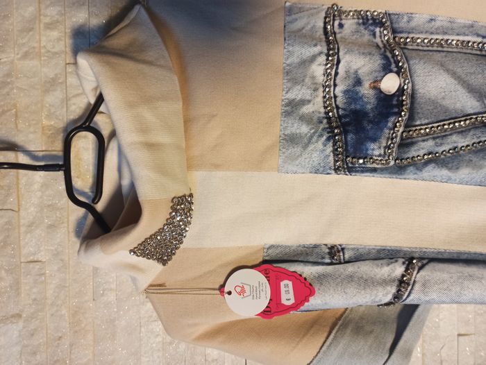 Robe Pull Beige et Jeans avec Strass Femme NEUF Taille L - photo numéro 3