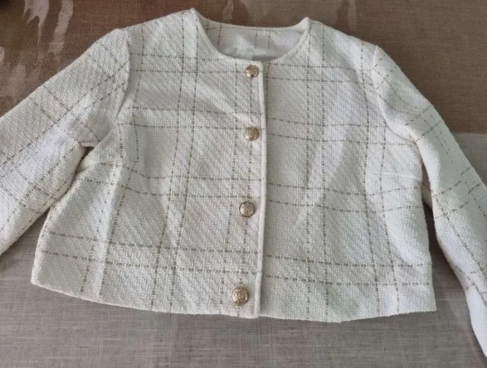 Veste Femme Tweed Carreaux Blanc Doré - Taille S Neuve Chic Printemps - photo numéro 2