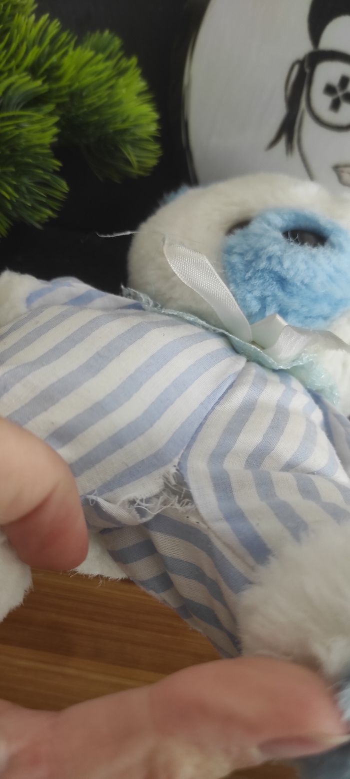 doudou peluche ours blanc bleu rayé ancien esbe point de vue rayure dentelle - photo numéro 3